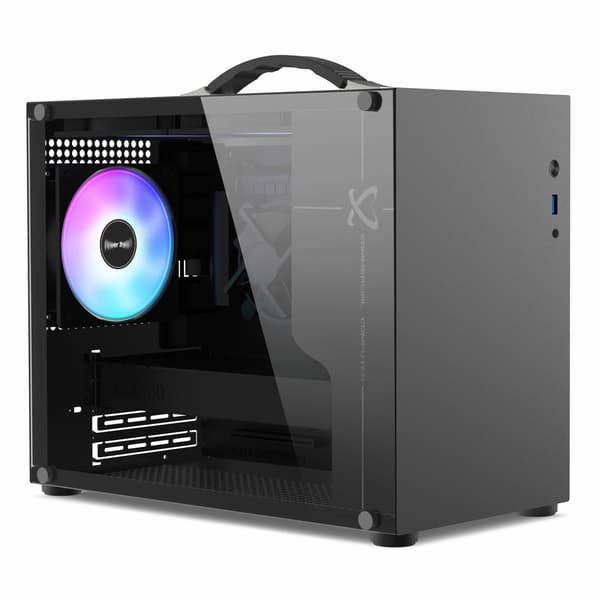 Micro ATX-datorchassi, bärbart chassi, RGB-fläktar, glas, svart. Modell PV100-chassi