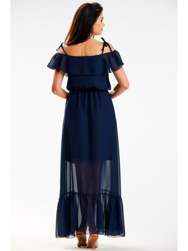 Off-shoulder kjole, chiffon maxi, marineblå M