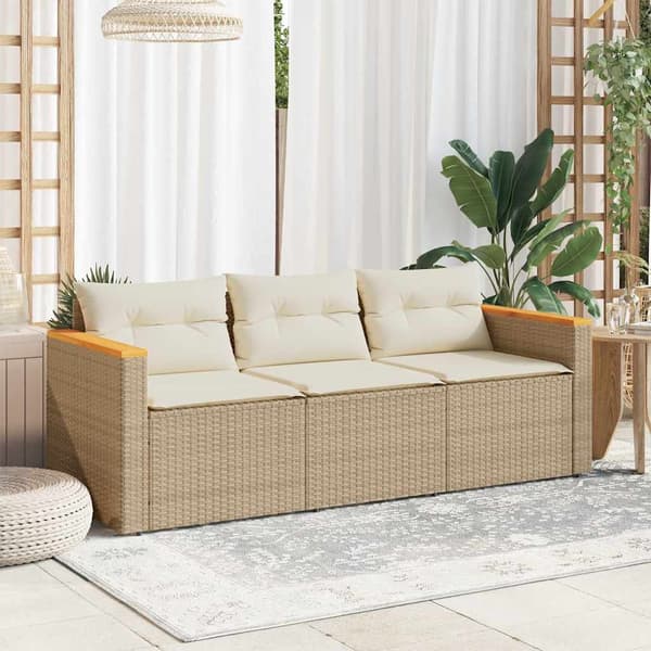 vidaXL 3-sits trädgårdssoffa med kuddar, beige, polyrotting