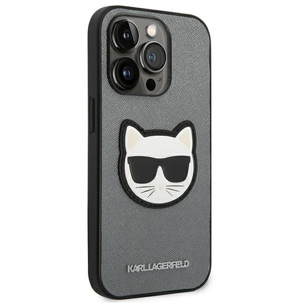 Karl Lagerfeld Saffiano Choupette Head Patch-etui til iPhone 14 Pro Max, sølv