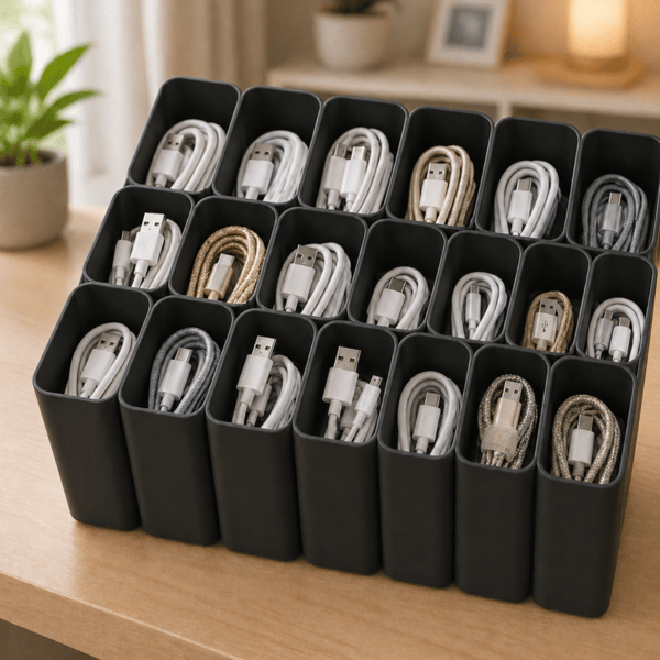 USB-kabelorganisator sort skuffeopladerholder