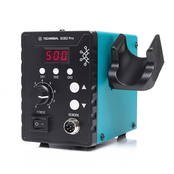 TECHREBAL 858D Pro varmluftloddestation + sæt med 6 loddemidler + dyser + net