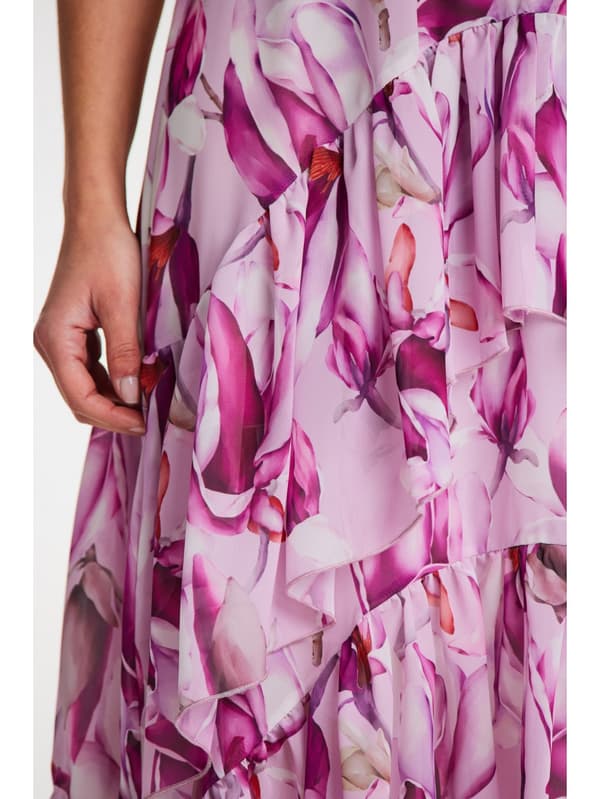 Asymmetrisk midikjole med flæser i chiffon, lyserøde pæoner M