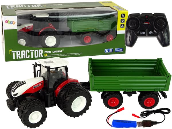 Fjernstyret traktor med trailer 1:24 rød grøn
