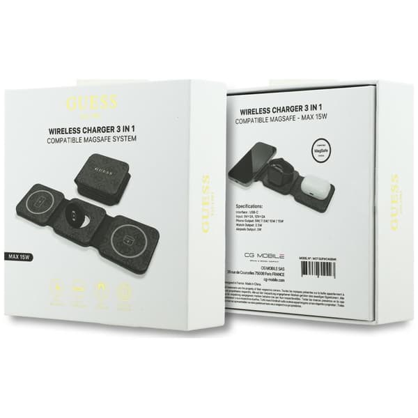 Guess 4G 15W MagSafe 3-i-1 trådløs oplader, sort