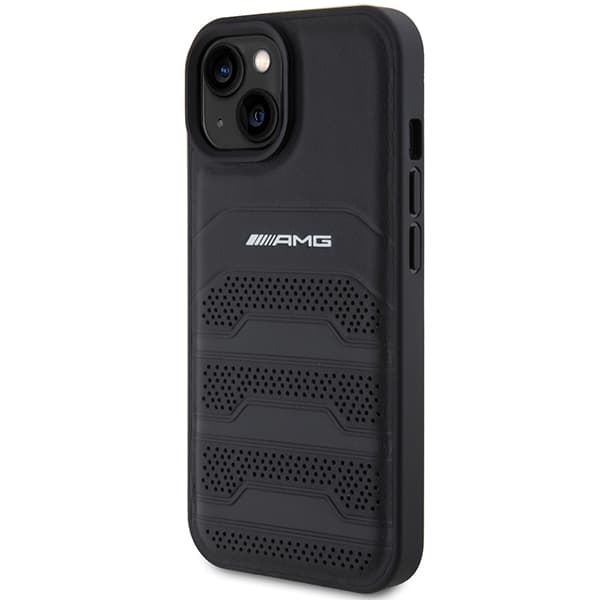 AMG lædercover med prægede linjer og sort logo til iPhone 15 Plus, sort
