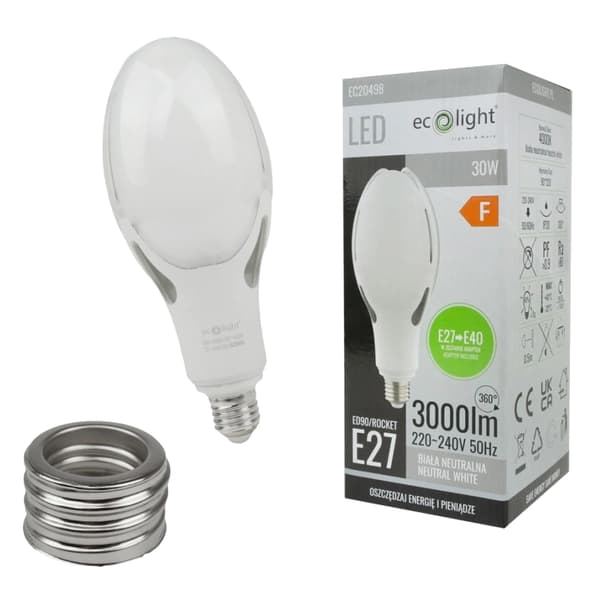 LED-pære E27 gevindadapter til E40 30W neutralt lys 4000K 3000lm