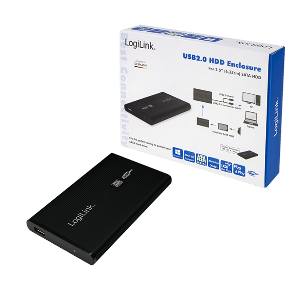 LogiLink 2,5" SATA harddiskkabinet - USB 2.0, aluminium, sort