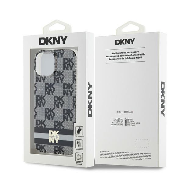 DKNY IML MagSafe-etui med ternet monogrammønster og trykte striber til iPhone 15 Plus, sort