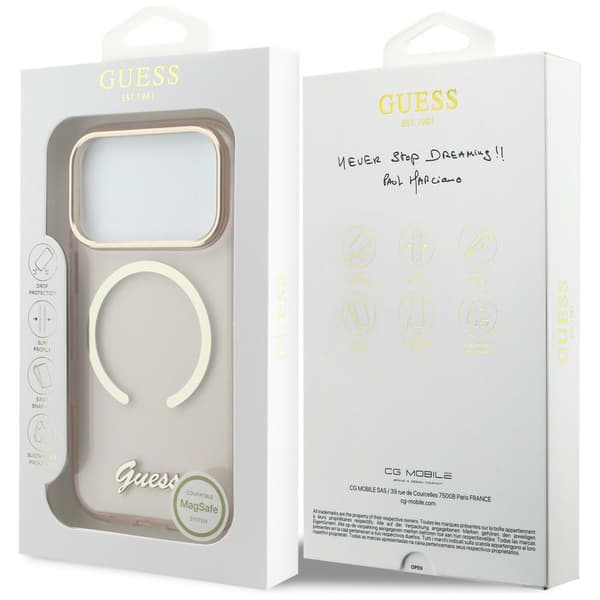 Guess IML Script Metal MagSafe-etui til iPhone 17 Pro Max i lyserødt