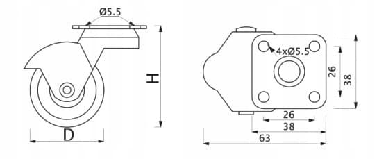 Möbelhjul, gummi, SVÄNGBART, runt, 50 mm diameter