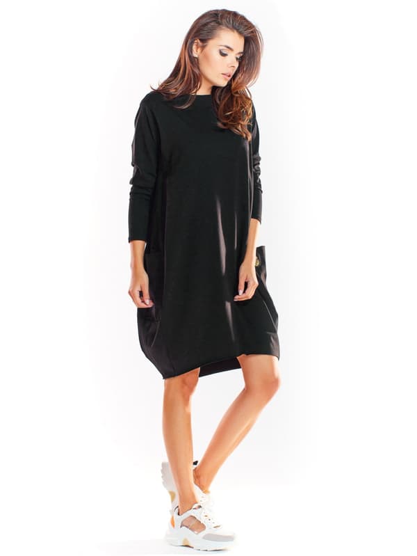 Oversized langærmet bomuldskjole i sort, L/XL