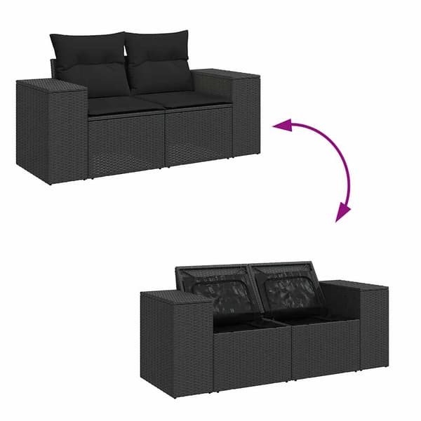 vidaXL Trädgårdssoffa med kuddar, 2-sits, svart, polyrotting