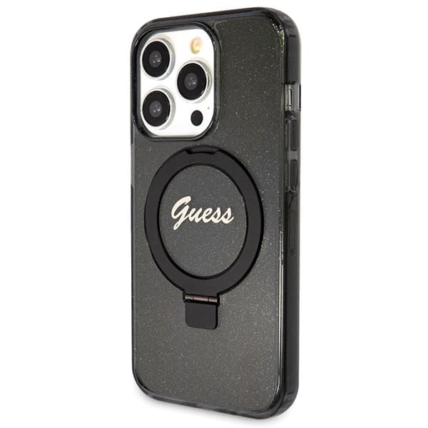 Guess Ring Stand Script Glitter MagSafe -kotelo iPhone 13 Prolle / 13:lle, musta