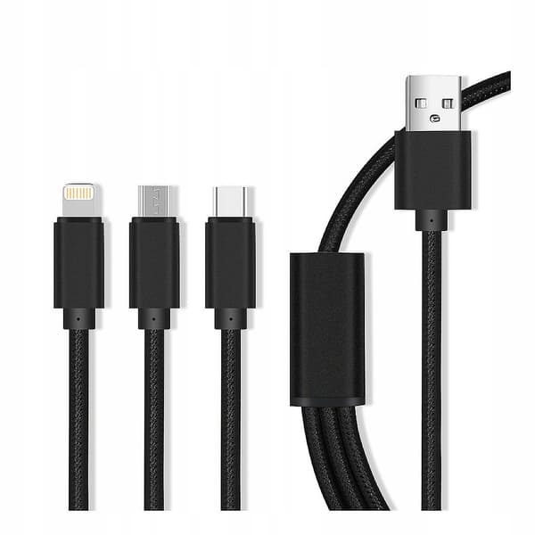 Maxlife 3-i-1 USB-kabel - Lightning + USB-C + microUSB 1,0 m 2,1A sort