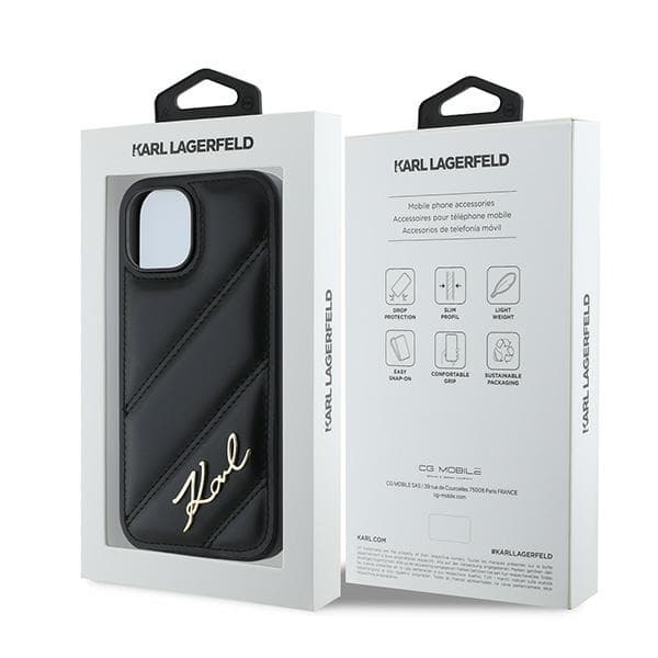 Karl Lagerfeld Diagonal Quilted Script-skal till iPhone 15, Svart