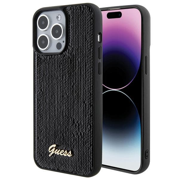 Guess Sequin Script -metallikuori iPhone 15 Pro Maxille, musta