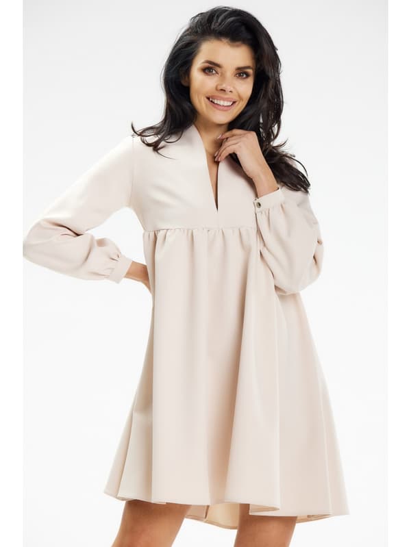 Mini V-ringad, långärmad trapetsklänning, beige, S