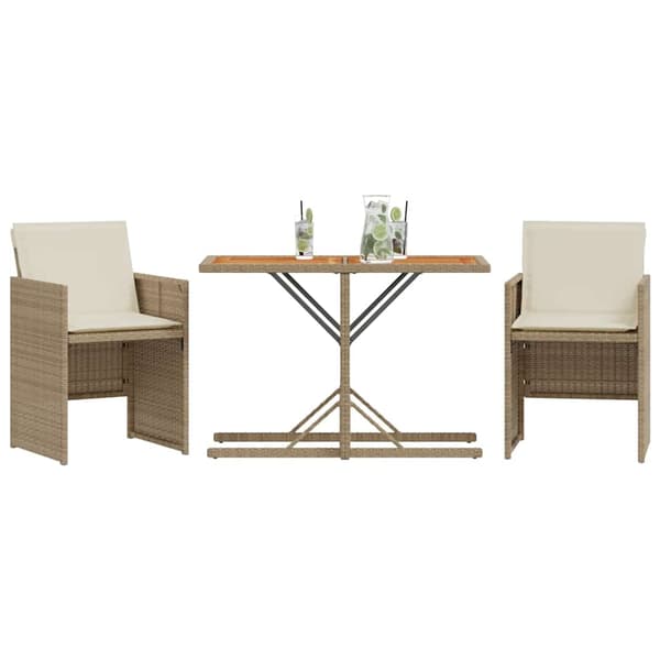 vidaXL 3-delat bistroset med kuddar, beige, polyrotting