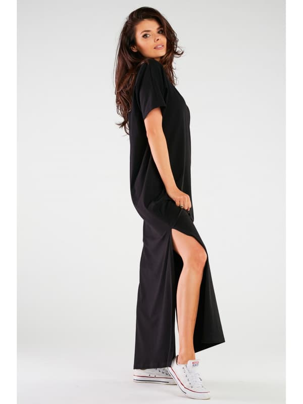 Oversized kimono maxikjole i bomuldsstrik, sort L/XL