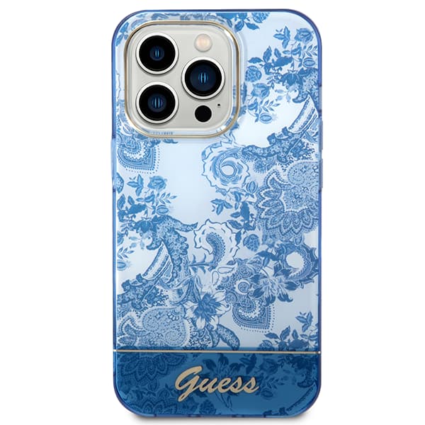 Guess Porcelain Collection-etui til iPhone 14 Pro Max, blå