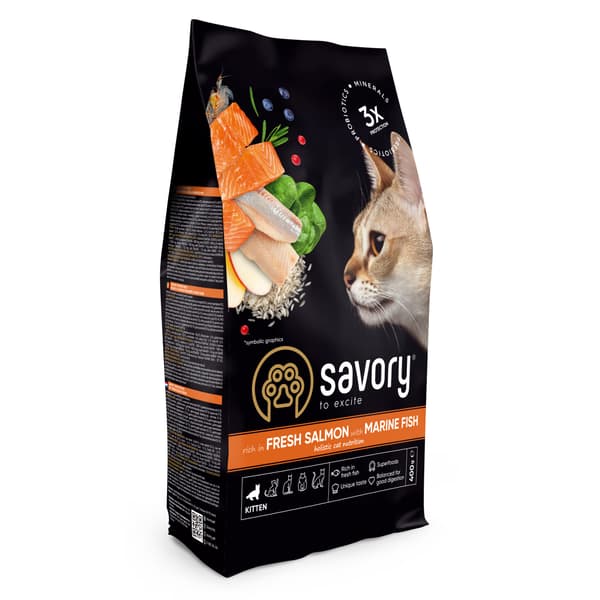 Smakrikt torrfoder för kattungar, junior, lax, havsfisk 400 g
