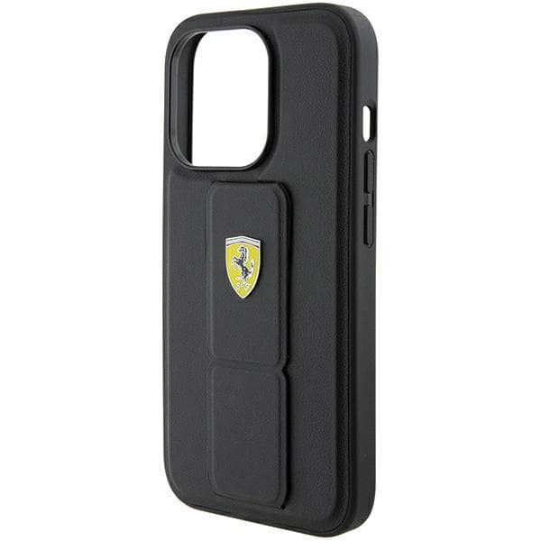 Ferrari Grip Stand Metal Logo Cover til iPhone 15 Pro, Sort