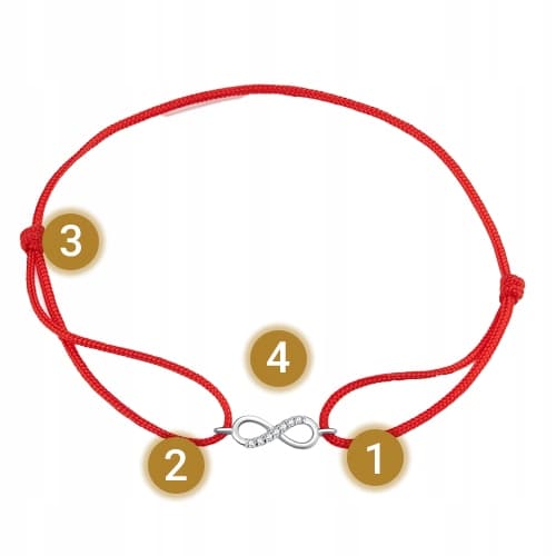 Infinity-tegn armbånd, rød snor, sølv, zirkoner, krystal