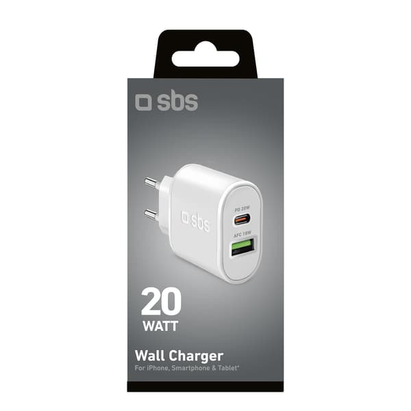 Strømforsyning USB-A USB-C 20W vægoplader - Hvid
