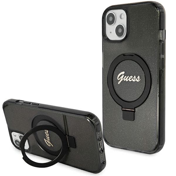 Guess Ring Stand Script Glitter MagSafe-etui til iPhone 14, sort