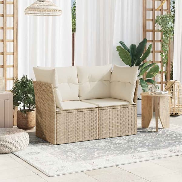 vidaXL Trädgårdssoffa med kuddar, 2-sits, beige, polyrotting