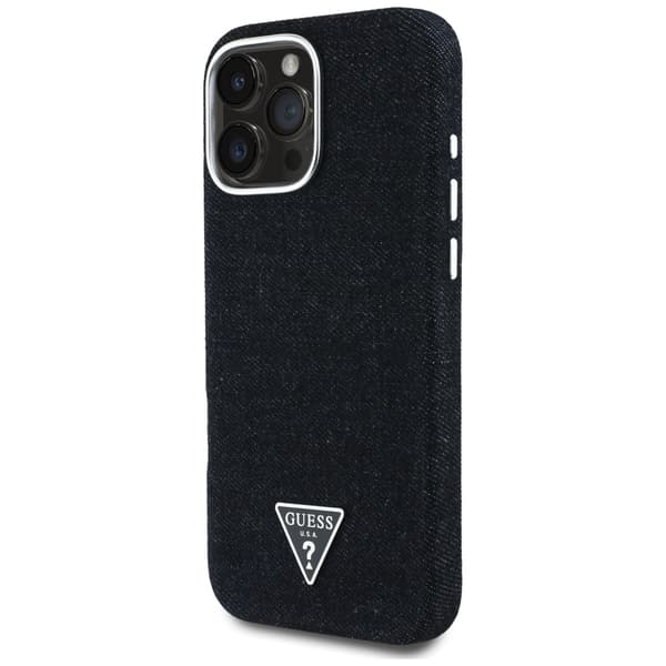 Guess Denim Triangle Logo MagSafe -kotelo iPhone 16 Prolle, musta