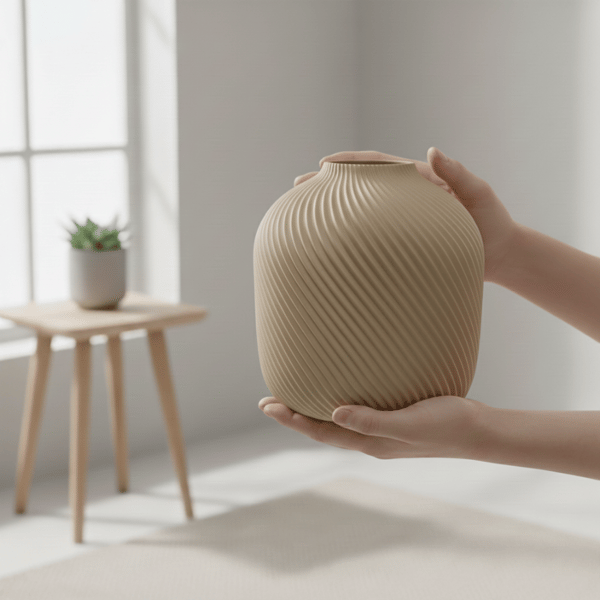 Moderne, minimalistisk, beige, rillet vase til blomster og græsser