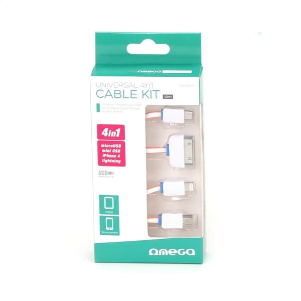 OMEGA HYDRA 4-I-1 MICRO USB + MINI USB + IPHONE4 + LIGHTNING USB-KABEL VIT & ORANGE [42813]