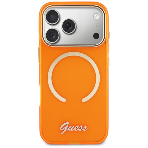 Guess IML Script Metal MagSafe -kotelo iPhone 17 Prolle, oranssi