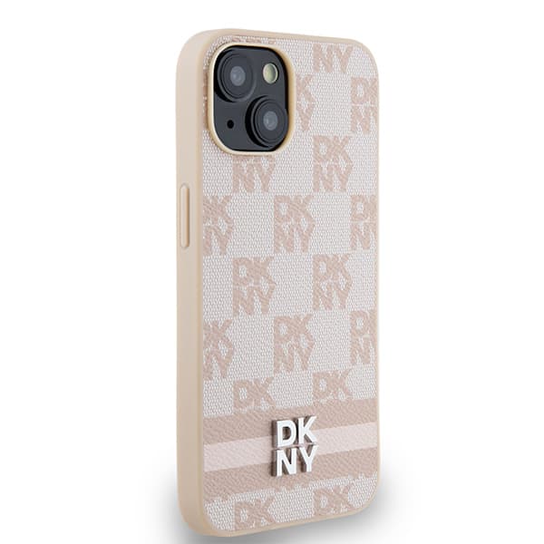 DKNY Lædercover med Ternet Monomønster og Trykte Striber til iPhone 15 Plus, Pink