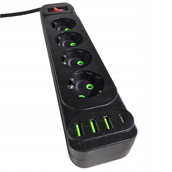 2xUSB forlængerledning, 5 stikkontakter, 2m USB, TYPE-C oplader, 3x strømskinne