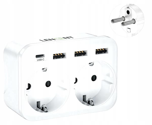 6-indgangsstik (4 USB-opladere), hvid Lencent-strømskinne