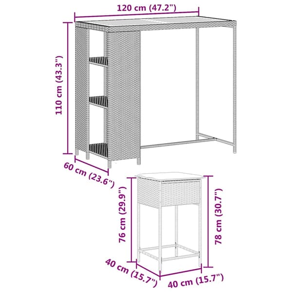 vidaXL 3-delt barsæt med hynder, sort polyrattan