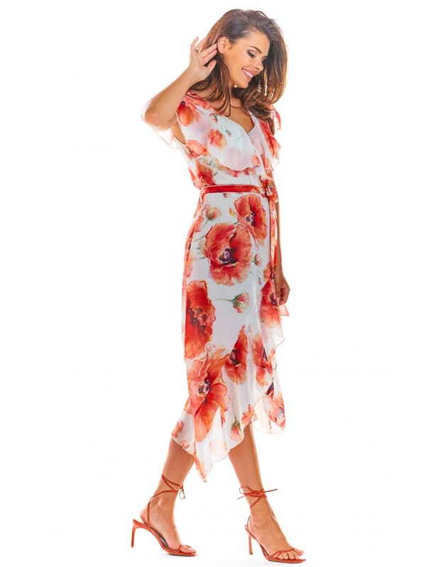 Asymmetrisk chiffongklänning sommar röd vallmo M