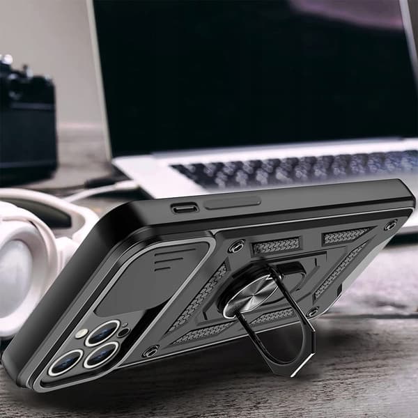iPhone 14 Pro -kotelo, Armor Slide Ring, musta + lasi