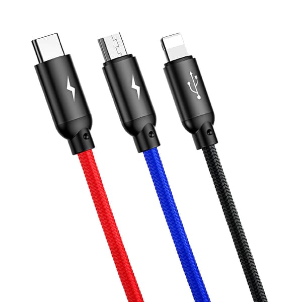 3-i-1-kabel USB-A - micro-USB / iPhone Lightning / USB-C 3.5A 0.3m - svart