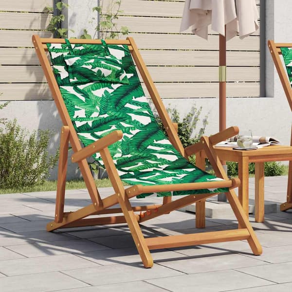 vidaXL foldbar strandstol, bladmønster, eukalyptus og stof