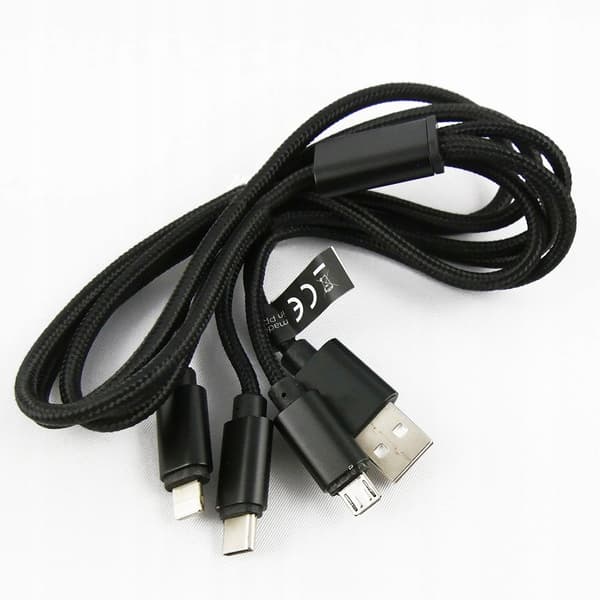 Maxlife 3-i-1 USB-kabel - Lightning + USB-C + microUSB 1,0 m 2,1A sort