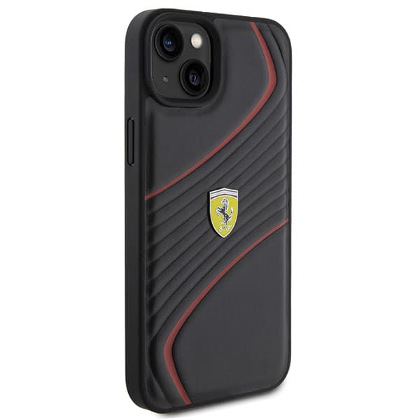 Ferrari Twist Metal Logo-cover til iPhone 15 Plus, Sort