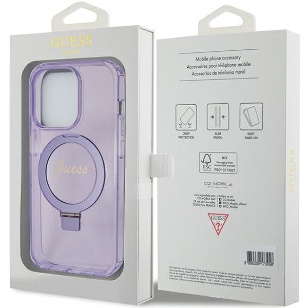 Guess Ring Stand Script Glitter MagSafe-etui til iPhone 15 Pro, lilla/lilla