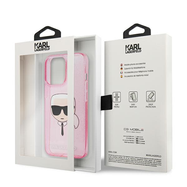 Karl Lagerfeld Glitter Karl`s Head-etui til iPhone 13 Pro Max, lyserød