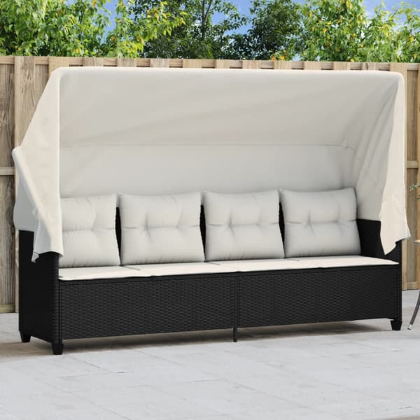 vidaXL dagseng med baldakin og hynder, sort, polyrattan