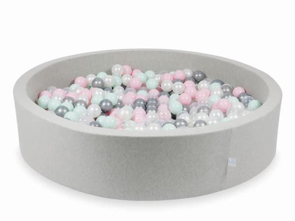 Lysegrå tørpool 130x30 med 600 bolde: transparent, perlemor, sølv, lys pink, lys mint