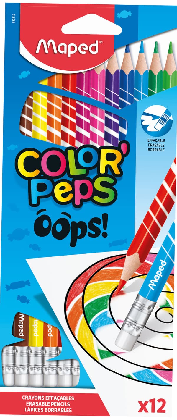Colorpeps Oops triangulära suddgummipennor. 12 färger.